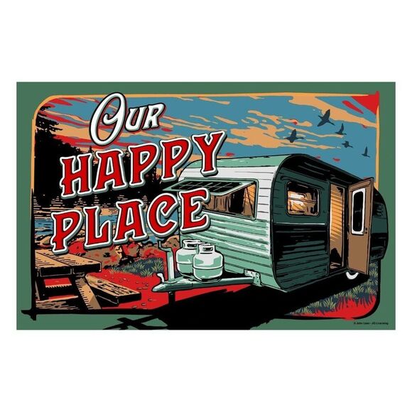OUR HAPPY PLACE Rubber Door Mat Retro Trailer Indoor Outdoor 25 x 17-in - Picture 1 of 3